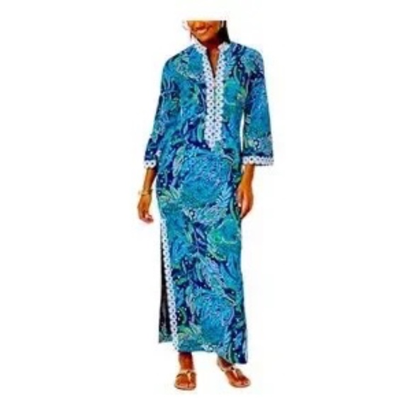 Lilly Pulitzer Shealyn Caftan Maxi Dress Catty Personality Print Navy Low Tide 0 - Picture 2 of 9